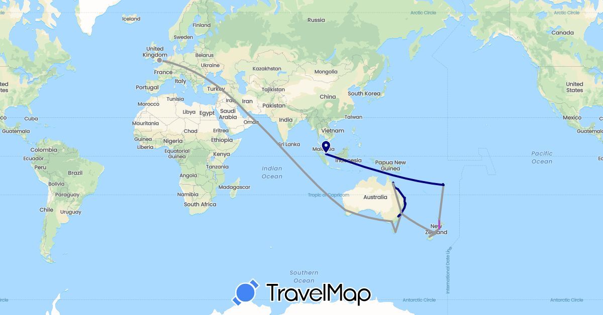 TravelMap itinerary: driving, plane, train, boat in United Arab Emirates, Australia, Fiji, United Kingdom, New Zealand, Singapore (Asia, Europe, Oceania)
